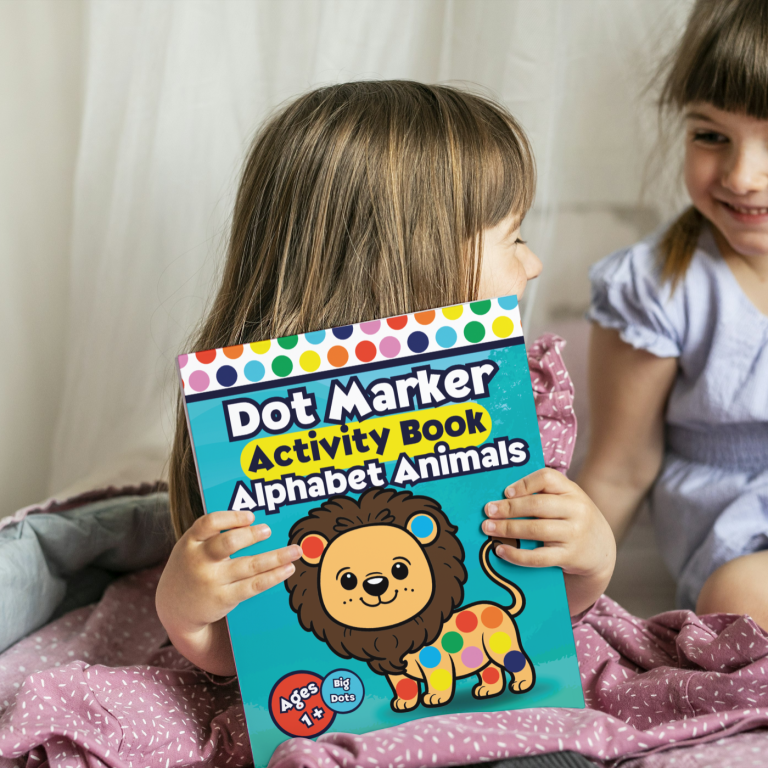 Child holding a Dot Marker Activity Book - Alphabet Animals.  It has a cartoon Lion covered in dots with a green background.
