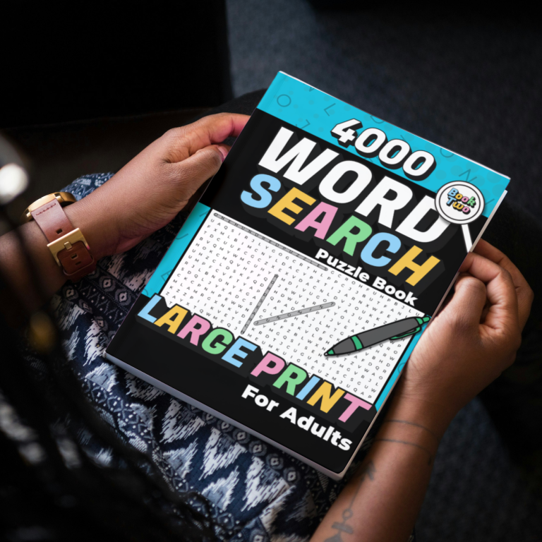 Woman holding 4000 Word Search Large Print for Adults Puzzle book on her lap.