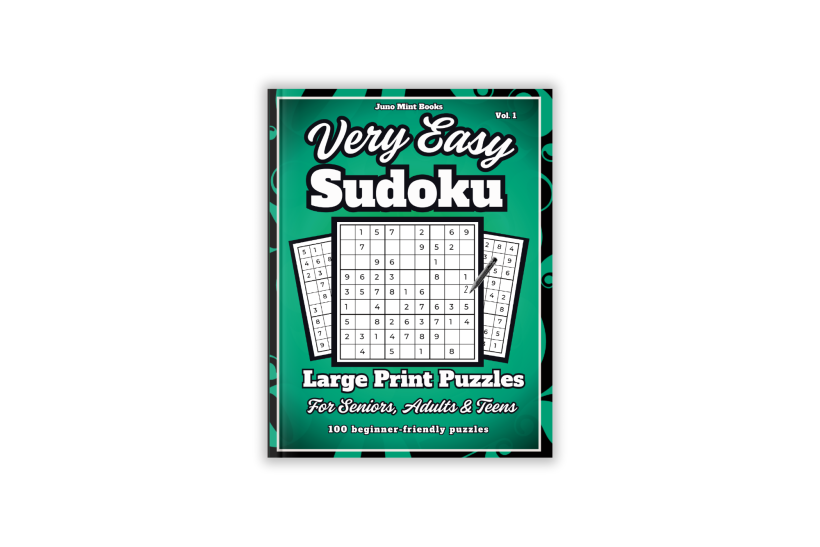 Green Cover of Very Easy Sudoku Large Print Puzzles for Seniors, Adults & Teens by Juno Mint Books. 