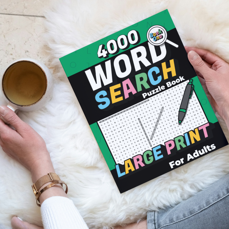 Woman holding 4000 Word Search Puzzle Book Large Print by Juno Mint Books.  She is sitting on a fluffy rug and holding a coffee mug also.